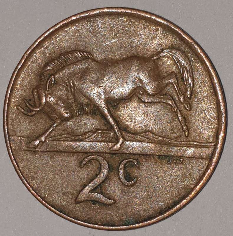 1983 - 2 CENT COIN (TWO CENT COIN) - RSA - BRONZE - KM#83 - BILINGUAL LEGEND - WILDEBEEST